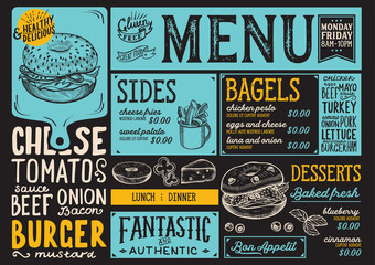 Wall Mural - Bagels restaurant menu. Vector sandwich food flyer for bar and cafe. Design template with vintage hand-drawn illustrations.