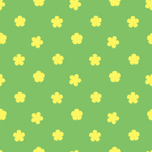 Hand Drawn Seamless Vector Pattern With Yellow Flowers, On A Green Background. Design Concept For Summer, Spring, Kids Textile Print, Wallpaper, Wrapping Paper.