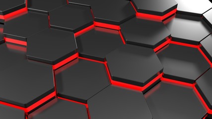 Poster - Hexagonal technological texture with red lights - 3D rendering