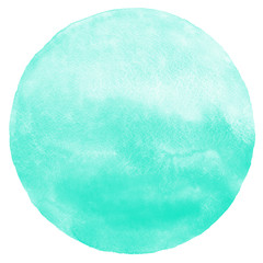 Wall Mural - Mint green gradient watercolor circle isolated on white. Abstract round shape background. Watercolour stains aquarelle texture.