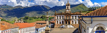 Panoramic View From Above The Central Square Of The Historic City Of Ouro Preto With The Museum Of The Inconfidence And The Hills In The Background