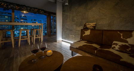 Wall Mural - night scene of lobby bar at winter resort
