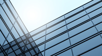 Poster - 3D stimulate of high rise blue glass building and dark steel window system on blue clear sky background,Concept of future architecture,lookup to the angle of the corner building.