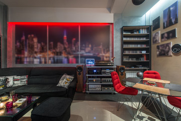 Interior of modern apartment with home sound system