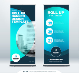 Wall Mural - Roll Up banner stand presentation concept. Corporate business roll up template background. Vertical template billboard, banner stand or flag design layout. Poster for conference, forum, shop
