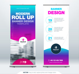 Wall Mural - Roll Up banner stand presentation concept. Corporate business roll up template background. Vertical template billboard, banner stand or flag design layout. Poster for conference, forum, shop