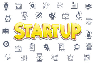 Wall Mural - The concept of a startup. Icons, business themes - doodle linear style.