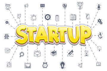 Wall Mural - The concept of a startup. Icons, business themes - doodle linear style.