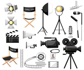 Collection of cinematography. Making a movie cartoon icon set. Director chair, movie camera with film reels, searchlight, megaphone and clapperboard. Vintage cinema concept