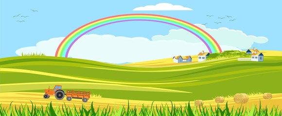 Horizontal Concept countryside vector view, farm houses, tractor, rainbow and clouds in the sky