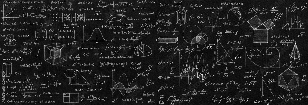 Blackboard inscribed with scientific formulas and calculations in physics and mathematics. - obrazy, fototapety, plakaty 