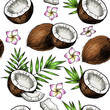 Coconuts, tropical leaves and flowers. Vector seamless pattern