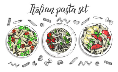 Spaghetti and penne pasta with cherry tomatoes and basil. Dish of Italian cuisine. Ink hand drawn set with brush calligraphy style lettering. Vector illustration. Top view. Food elements collection.