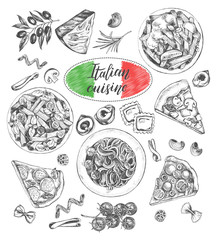 Wall Mural - Pasta dishes, pieces of pizza, ingredients of Italian cuisine. Set for the concept of menu design. Ink hand drawn food elements collection with brush calligraphy style lettering. Vector illustration.