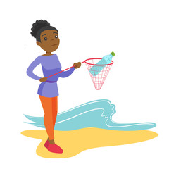 Wall Mural - Young african-american woman catching plastic bottle from polluted sea or ocean. Woman collecting trash from water. Water and plastic pollution concept. Vector cartoon illustration. Square layout.