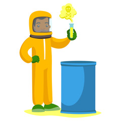 Poster - Young african-american scientist in radiation protective suit standing next to the barrel and holding a test tube with radioactive liquid. Vector cartoon illustration isolated on white background.