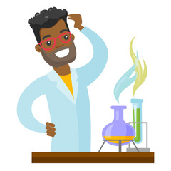 Canvas Print - African-american student carrying out experiment in chemistry class. Young student scratching head because of failed experiment. Vector cartoon illustration isolated on white background. Square layout