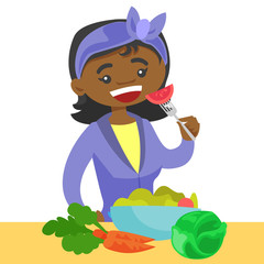 Poster - Happy african-american woman eating a healthy vegetable salad. Young woman enjoying a fresh vegetable salad. Concept of healthy nutrition. Vector cartoon illustration isolated on white background.