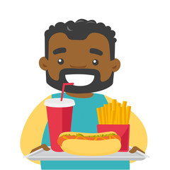 Sticker - Young fat african-american man holding tray with fast food. Plump man having lunch in a fast food restaurant. Concept of unhealthy nutrition. Vector cartoon illustration isolated on white background.