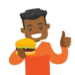 Canvas Print - Joyful african-american man holding a hamburger and giving thumb up. Young smiling man is about to eat a delicious hamburger. Vector cartoon illustration isolated on white background. Square layout.