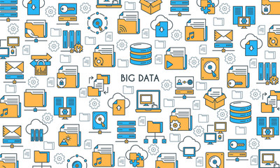Fototapete - Big data technology banner. Modern icons on theme storage, analysis, organization, synchronization and data transfer. Flat line design icons collection. Vector illustration