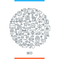 Poster - search engine optimisation and development concept. modern icons on theme business, analysis, intern