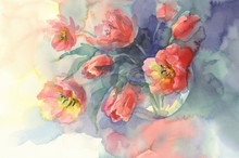 Red Tulips Watercolor Background