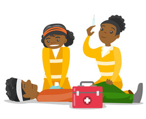 Sticker - African paramedics doing cardiopulmonary resuscitation of man. Team of emergency doctors during process of resuscitation of unconscious person. Vector cartoon illustration isolated on white background