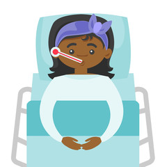 Wall Mural - Sick african-american woman laying in hospital bed. Sick woman measuring temperature with a thermometer and suffering from cold. Vector cartoon illustration isolated on white background. Square layout