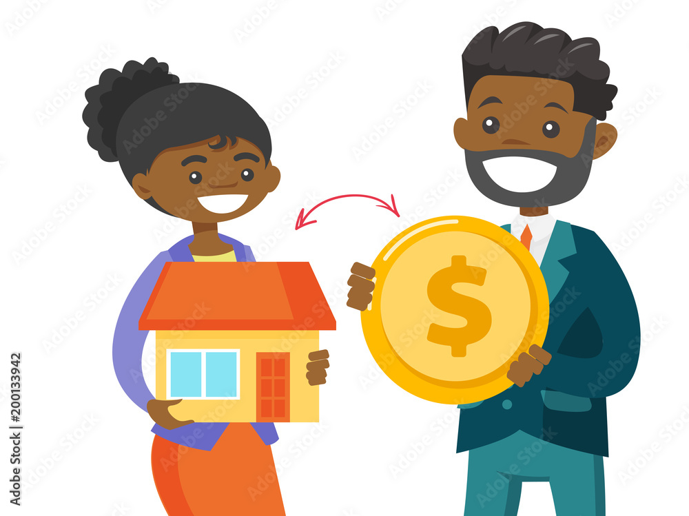 realtor animation c lip Vetor African-american real estate agent exchanging a house to a dollar  coin of a client. Conclusion of real estate deal between realtor and buyer.  Vector cartoon illustration isolated on white background. do