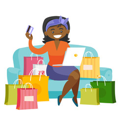 Poster - Young african woman sitting on the couch among shopping bags with laptop computer and credit card. Woman buying things online. Vector cartoon illustration isolated on white background. Square layout.