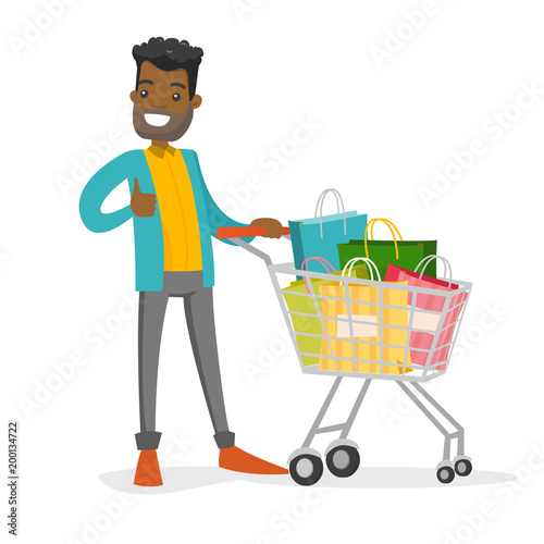 Fotografía African-american man pushing cart full of shopping bags