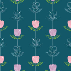Wall Mural - seamless pattern with bluebell, campanula naive style. flowers stylized on dark blue background