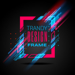 Wall Mural - Vector modern frame with geometric neon glowing lines isolated on black background. Art graphics with glitch effect. Design element for business cards, gift cards, invitations, flyers, brochures.