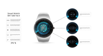 Vector realistic illustration of concept smart watch, technology functions and template text. Smart watch vector illustration.