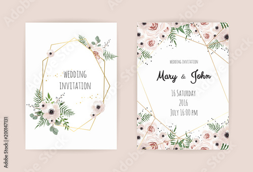 Wedding invite, invitation, design with elegant pink rose and anemone,branche...
