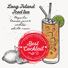 Cocktail Long Island For Bar Menu. Vector Drink Flyer For Restaurant And Cafe. Design Poster With Vintage Hand-drawn Illustrations.