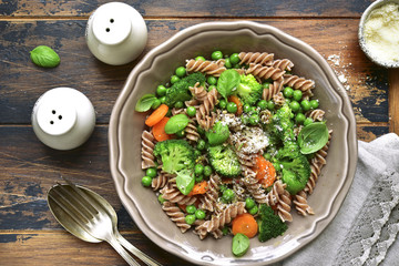 Whole wheat pasta primavera.Top view.