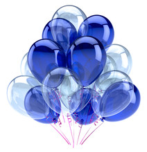 Balloons Party Happy Birthday Decoration Blue White Translucent Glossy. Holiday Anniversary Celebration Greeting Card Design Element. 3d Illustration