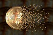 © delkro - Bitcoin. Pièce de bitcoin en éclats sur fond de pièces