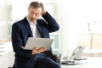 Wall Mural - Handsome man working with laptop indoors