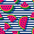 Vector seamless pattern with 3d style watermelon slices and navy striped background. Summer fashion textile print.