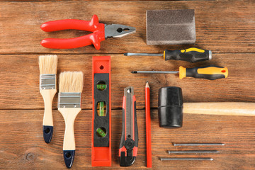 Sticker - Set of tools on wooden background