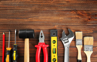 Sticker - Set of tools on wooden background