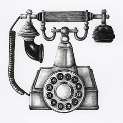 Wall Mural - Hand drawn retro line telephone isolated on background