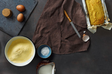 Poster - Top view frame raw ingredients cooking corn bread dark background