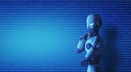 Fototapete - Robot standing and thinking in control room with a binary code , artificial intelligence in futuristic technology concept, 3d illustration