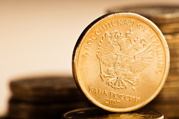 Wall Mural - The Russian rouble coin and gold coins