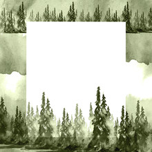 Watercolor Group Of Trees - Fir, Pine, Cedar, Fir-tree. Blue, Silhouette Forest, Landscape, Forest Landscape. Green, Black Abstract Splash Of Paint, Mountain Forest Landscape.  Art Illustration.