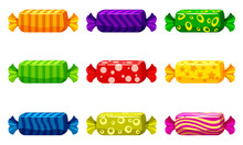 A Set Of Sweet Candies In A Package Of Different Colors, Vector. Illustration Of Cartoon Style, Isolated